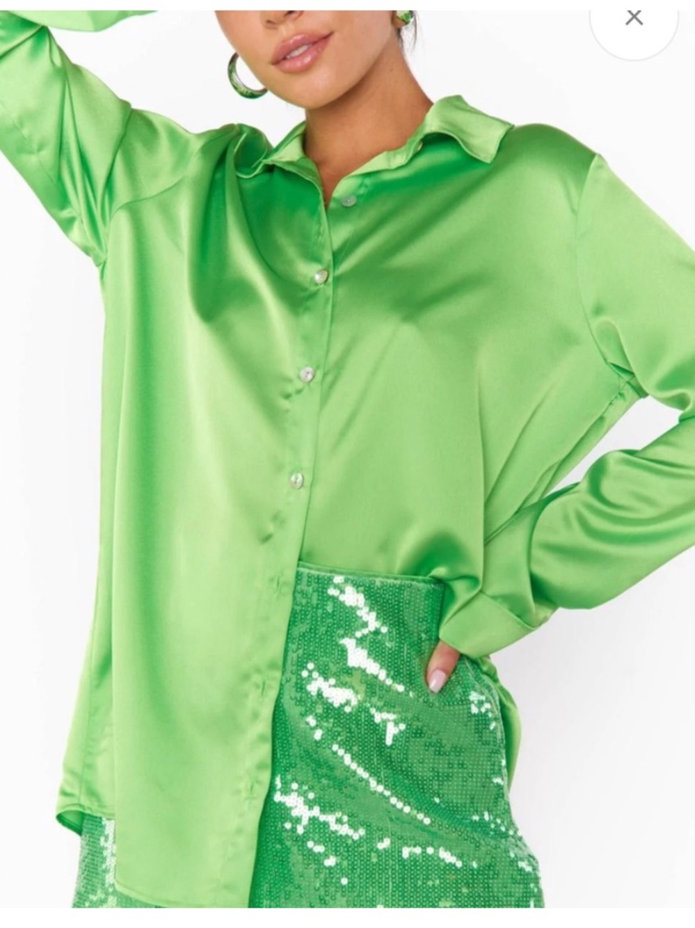 Show Me Your MuMu Smith Button Down Bright Green Luxe Satin S Small Long Sleeve